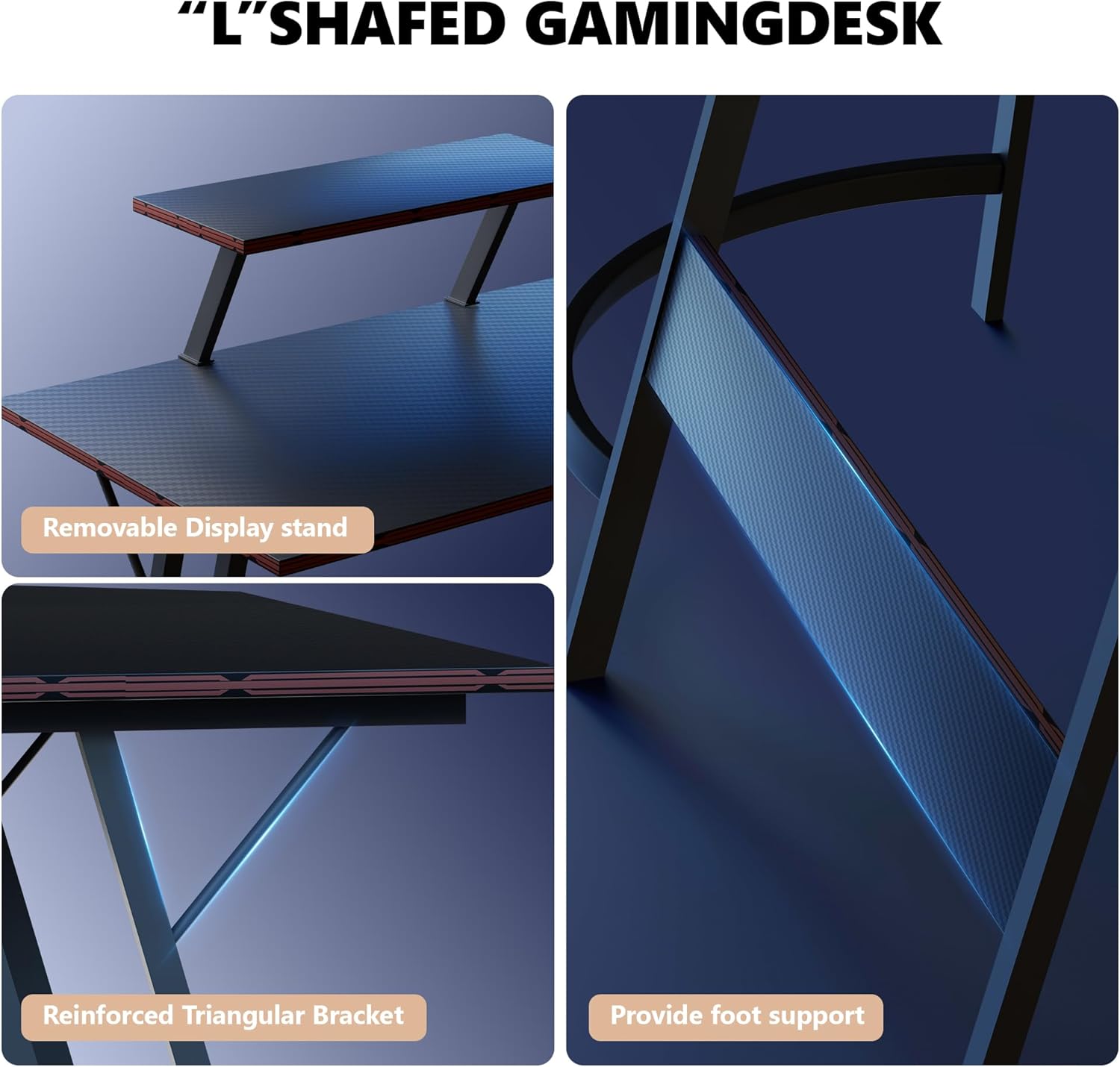 L-Shaped Gaming Desk with Monitor Stand,Carbon Fiber Corner Computer Desk,Z-Shaped Legs Waterproof Office Workstation for Home,Easy to Assemble