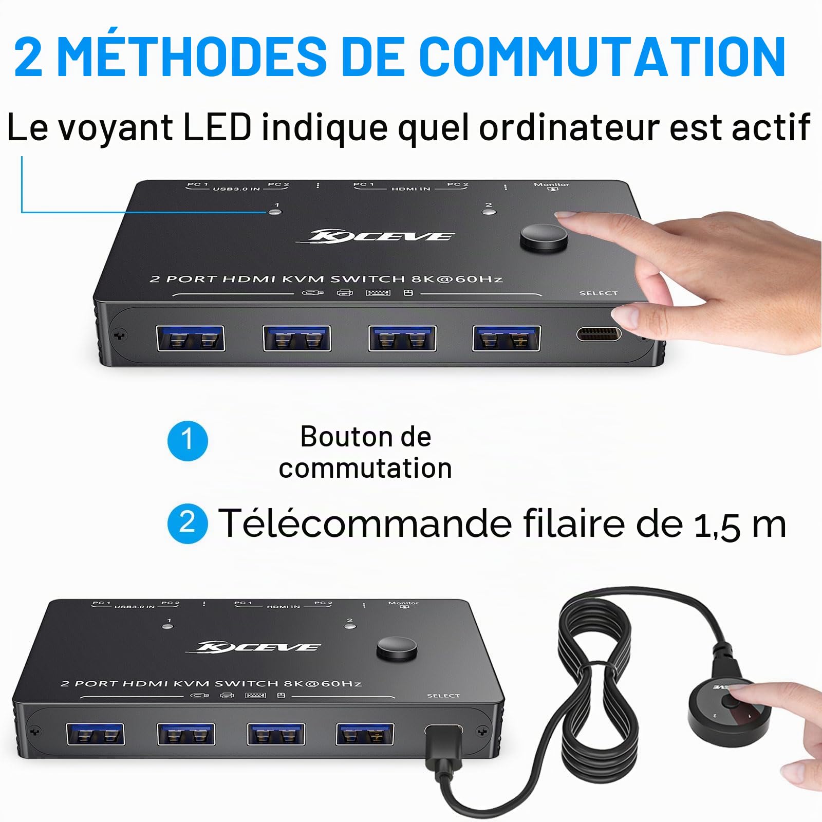 KVM Switch 2 PC 1 Moniteur HDMI, USB 3.0 KVM Switch HDMI 2 Port 8K@60Hz 4K@120Hz HDCP 2.3, Partage Clavier Souris, Wired Remote(8K HD 2 in 1 out KVM)