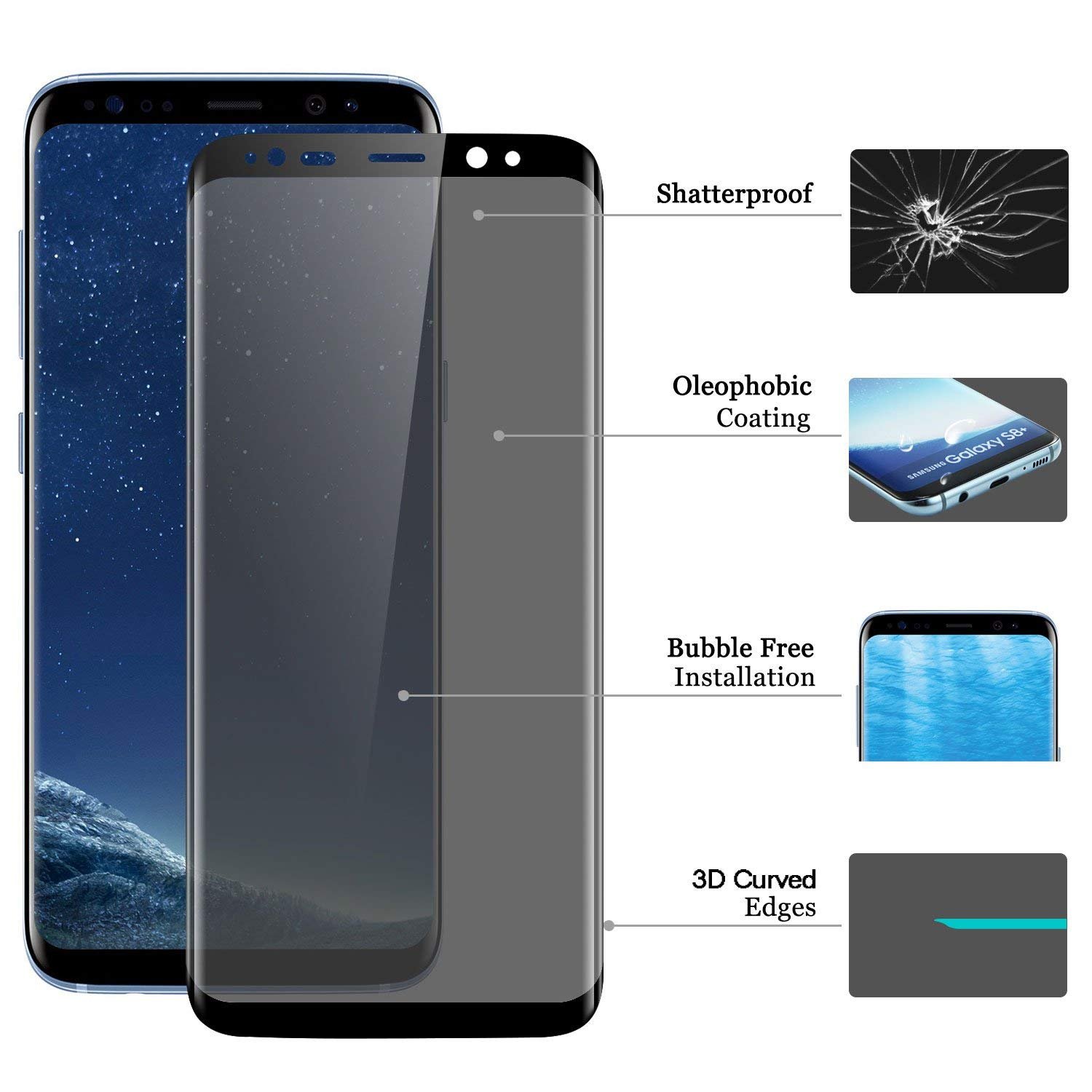 [2-pak] Galaxy S9 Plus Ochraniacz ekranu Prywatność Szkło hartowane, Maxwolf 3D Curved Edge, Anti-Spy, Anti-Scratch, Case Friendly, 9H Hardness Shield do Samsung Galaxy S9+