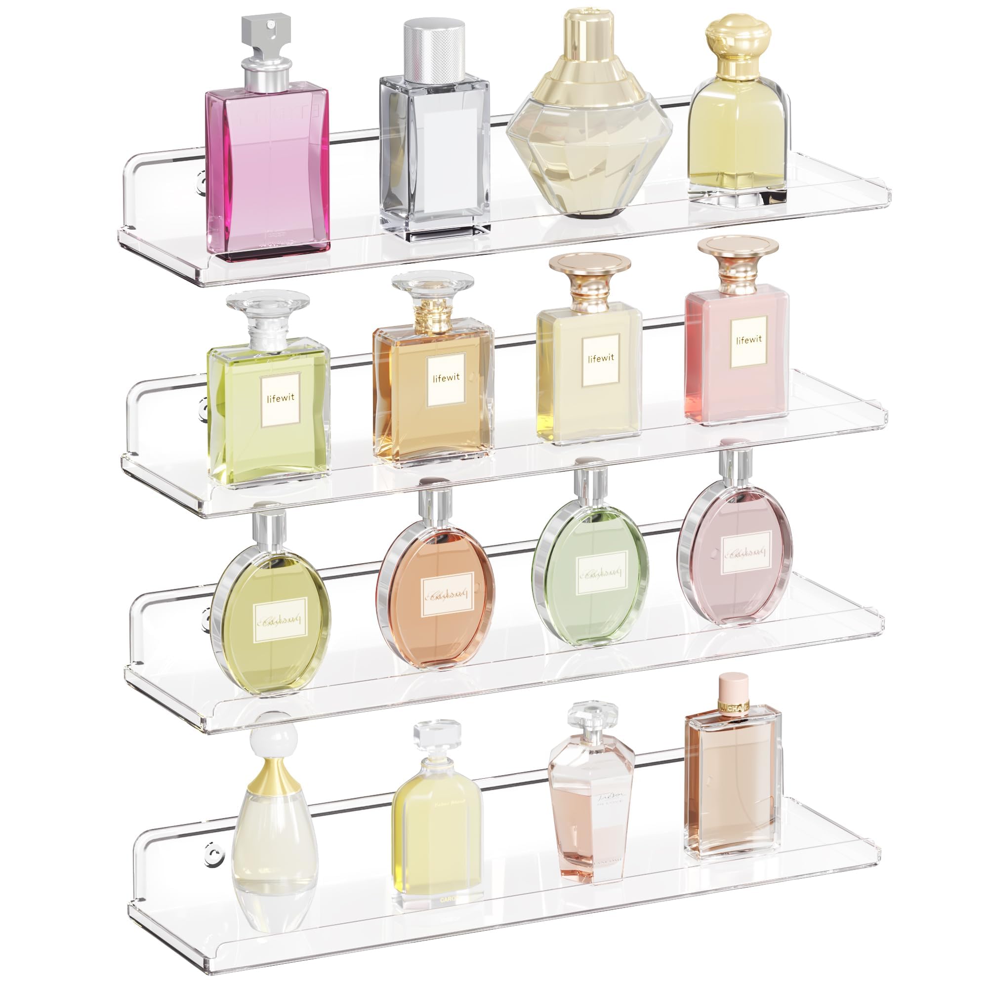 Lifewit Floating Shelves for Wall, 4 Pack 15" Clear Acrylic Shelf Room Decor for Book/Figures/Photo/Makeup in Bathroom, Book Shelf, Living Room, Bedroom, Kitchen Storage and Organization