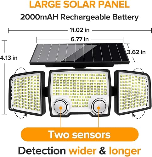 Miniatura 3 de UME Luces solares para exteriores, 332 LED, 7000 K, sensor de movimiento súper brillante, luces para exteriores con 2 sensores, IP65 impermeable 270