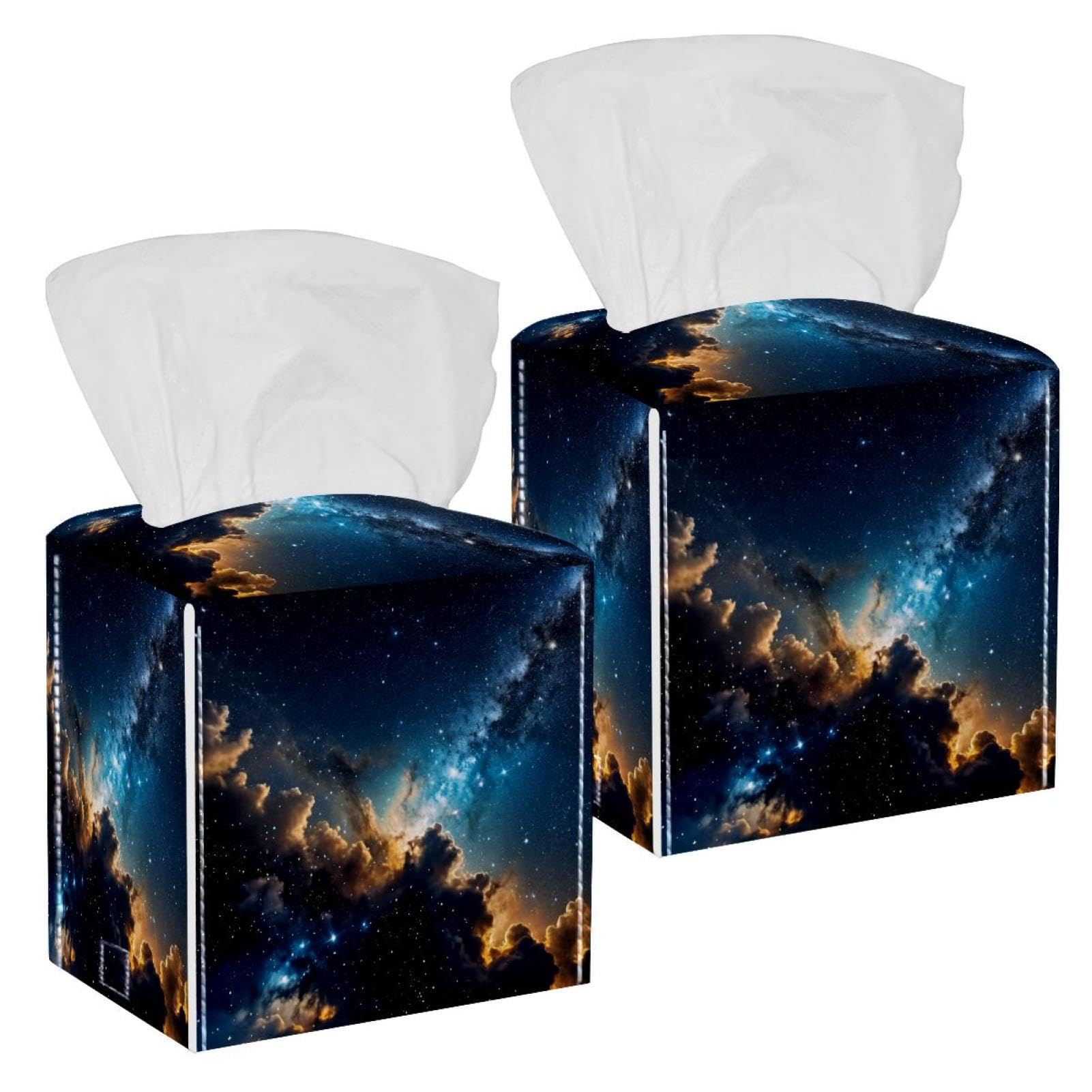 Stars Nebula Tissue Box Cover, 2 Pack PU Leather Square Facial Tissue Dispenser Box holder for Home Office Car