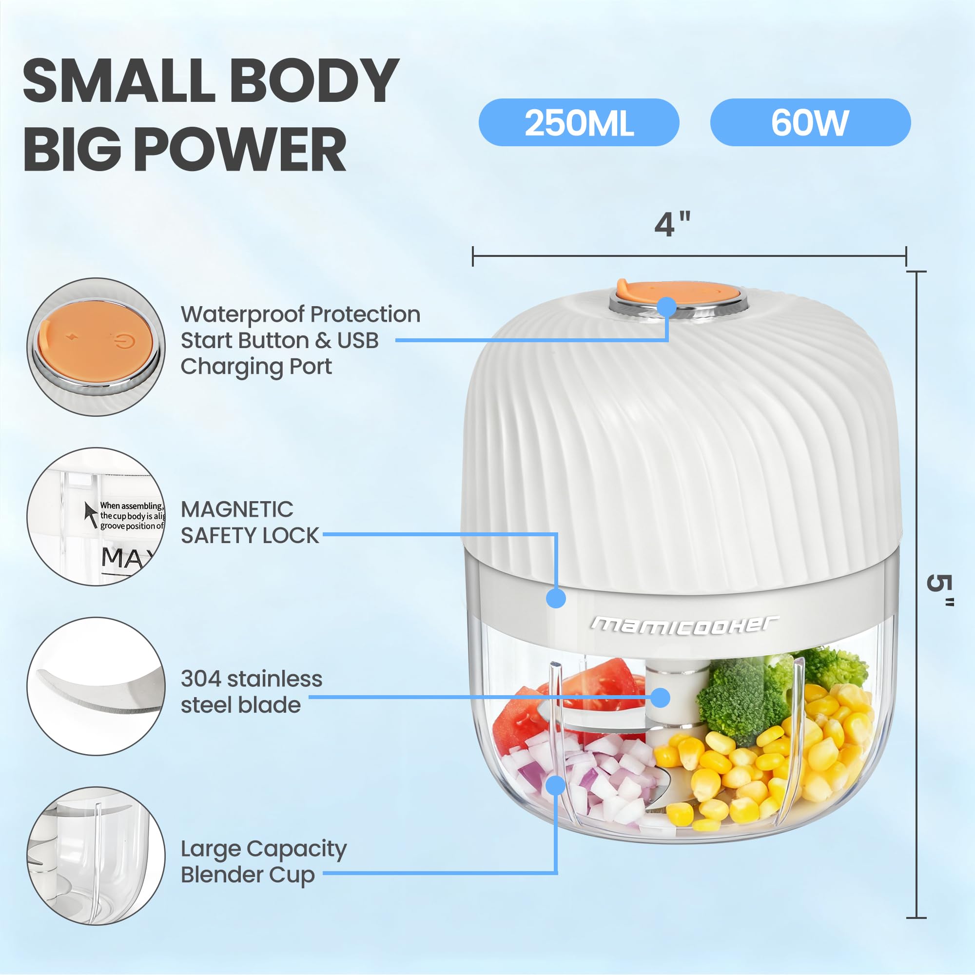 Picador de ajo eléctrico, mini picador portátil de verduras, molinillo de ajo de 250 ml, picador de cebolla, licuadora a verduras, procesador de alimentos inalámbrico para jengibre, chile, fruta,