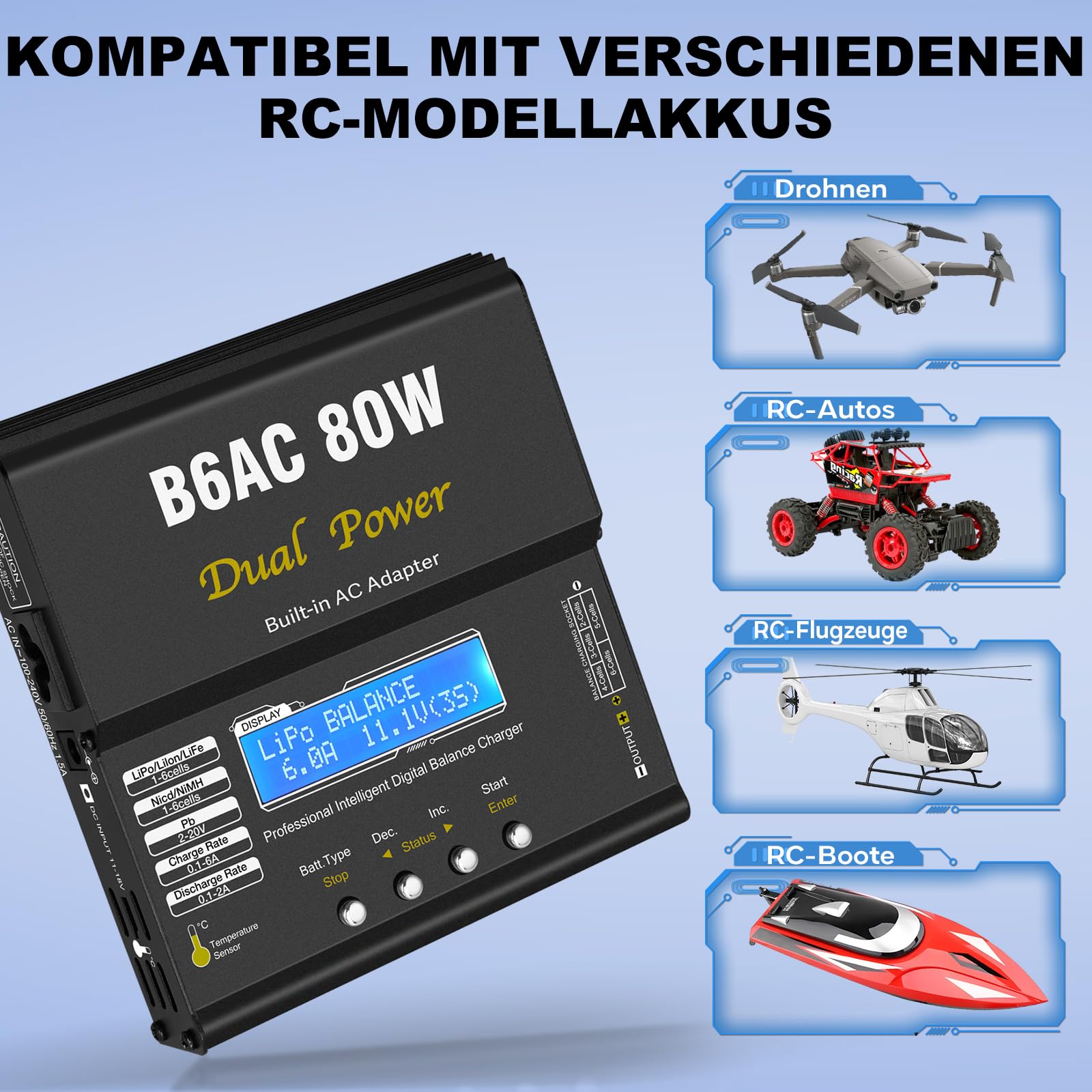 HTRC B6AC 6A LiPo Ladegerät Balancer 80W RC Akku Ladegerät für LiPo/Li-Ion/LiFe (1-6S), NiMH/NiCd (1-15S), PB (2-20V), LED-Display, 5 Speicherprofile, Metallgehäuse, XT60/T-Stecker/Tamiya/Krokoklemmen