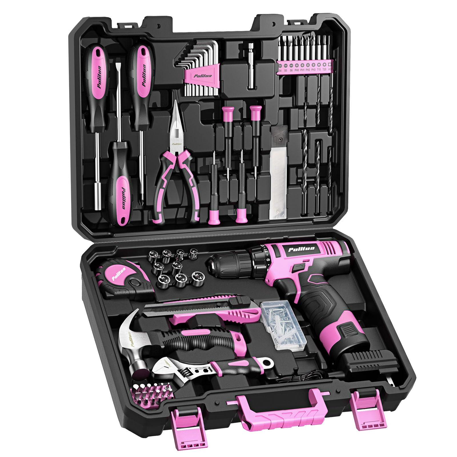 PULITUO Drill Set, 148-Piece Home Tool Set with 12V Pink Cordless Drill, Hand Tool Kits, and Tool Box, Suitable for Men, Women, and DIY Enthusiasts for Home Improvement.