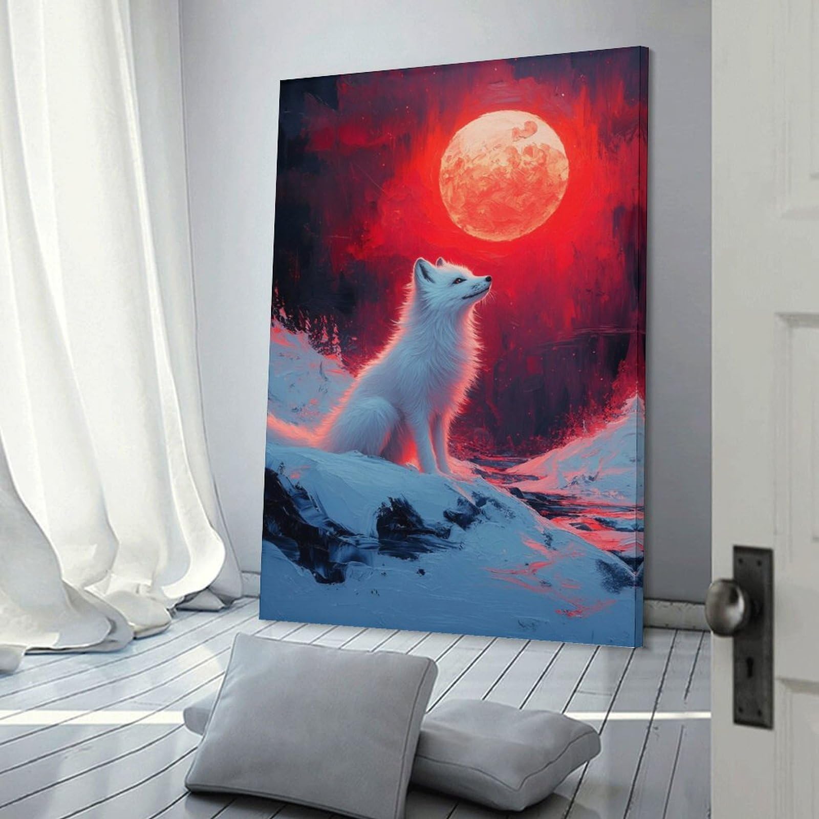 Junmoney White Fox Under Red Moon Home Decor Wall Art, 20x30inch(50x75cm), for Wall Displays, Bedrooms Or Room Updates, Ideal for Building A Coordinated Art Wall