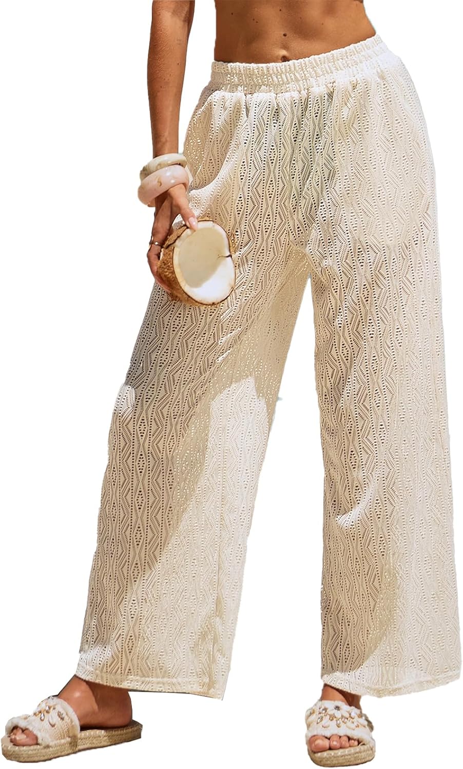 CUPSHE Women Swimsuit Coverup Pants Wide Leg Sheer Mesh Beach Pants with Side Pockets