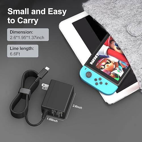 Miniatura 7 de Cargador para Nintendo Switch, adaptador de fuente de alimentación de CA de 39 W, 15 V, 2.6 A, carga rápida, con cable USB C de 6.6 pies compatible