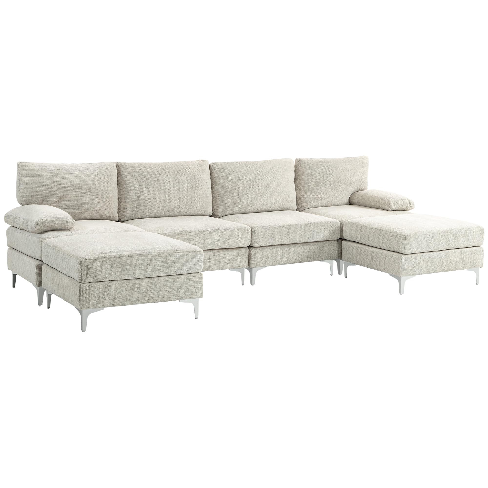 HOMCOM Divano Componibile 4 Posti con Penisola in Ciniglia Crema | 2 Poggiapiedi, Cuscini per Braccioli e Schiena, 313x149x88cm