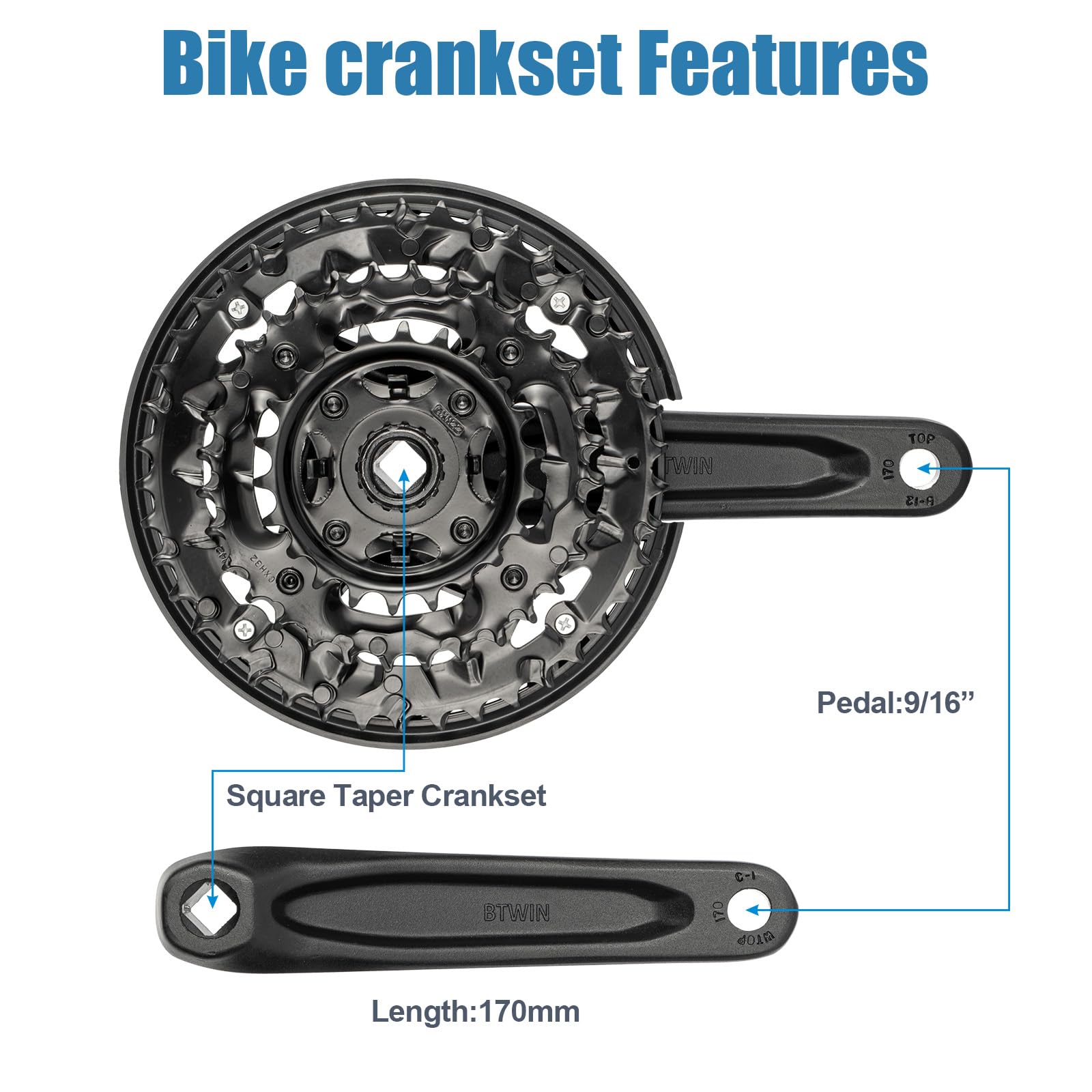 Guarnitura per bicicletta, 42T, 32T, 22T, 170 mm, set di guarniture quadrate per bici da città a 1/3/6/9 velocità, fat bike, e-bike, bici pieghevole