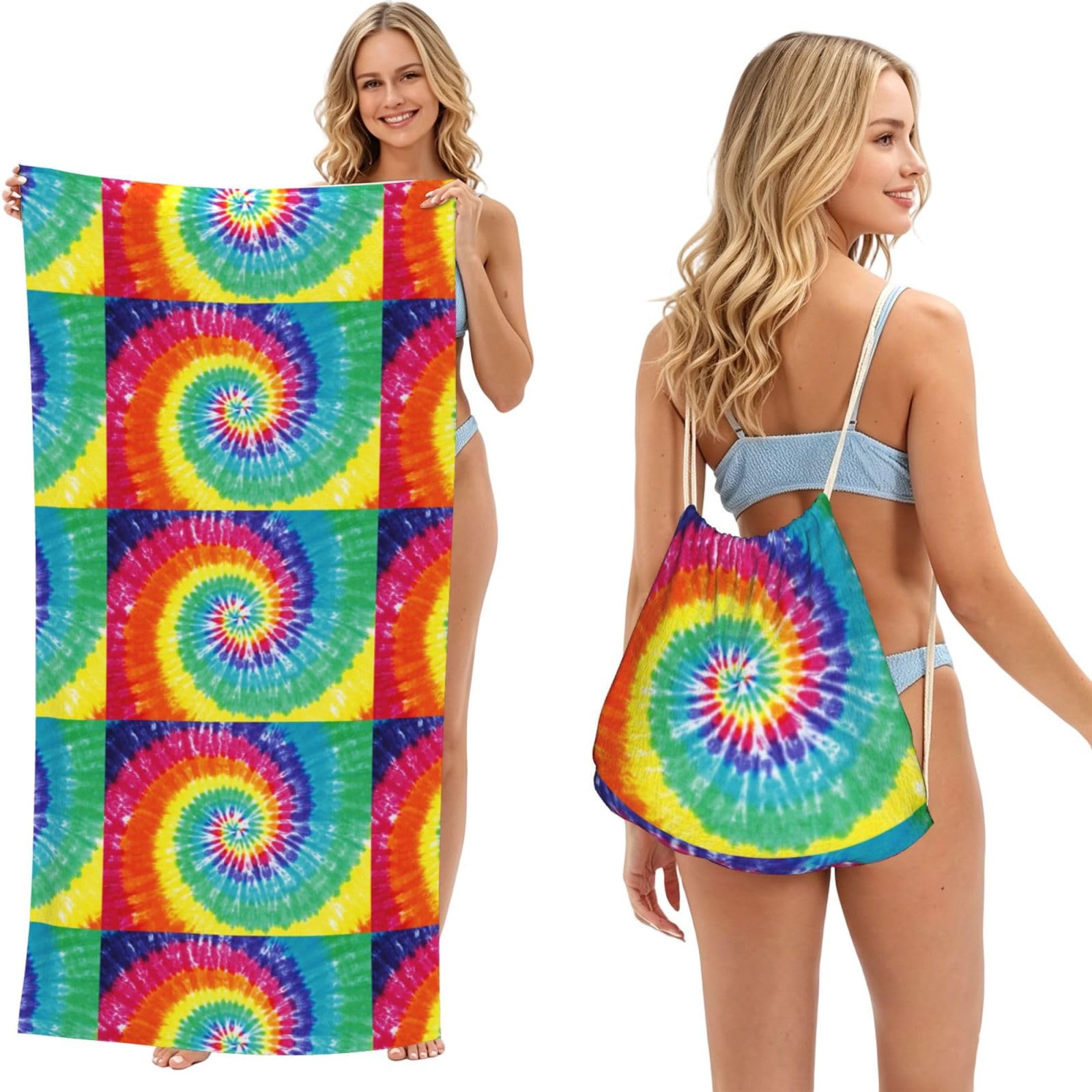 Poadnly As Picture Rainbow Color Tie Dye, 2 In 1 Packable Towel Bag, Beach Towels With Drawstring Backpack For Travel Holiday Camping