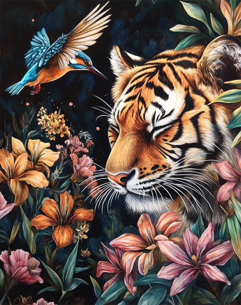 Henypt 11Ct Cross Stitch, Tiger and A Kingfisher 11 Count Counted Stamped Pre Printed Cross Stitch Embroidery Kits for Adults Beginners Starter Advanced Easy Crossstitch Patterns Set Wall Decor 40X