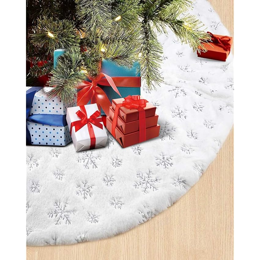 Immagine del prodotto Maxesla Copri Base Albero Natale con Argento Paillettes, 90cm Tappeto Albero di Natale, Gonna Albero di Natale Bianca di Pelliccia Bianco Tappeto Albero da Letto Soggiorno Hotel, Base Albero Natale