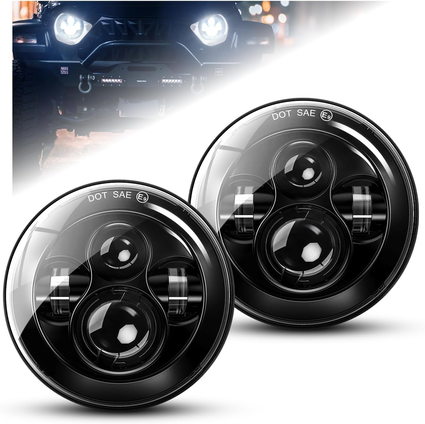600% Brighter DOT 7 Inch LED Round Headlight,2PCS Plug and Play Anti-Glare Hi Lo Beam je-ep wrangler JK headlights,Fit for J-eep Wrangler JK JKU CJ TJ LJ Dodge Chevy Ford Chevy Hummer ect H6024
