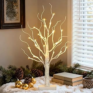 PABIPABI Lighted Birch Tree, 22'' Christmas Tree with 24 LED, Tabletop Centerpiece Artificial Tree Lights Battery Powered Timer for Home Office Bedroom Wedding