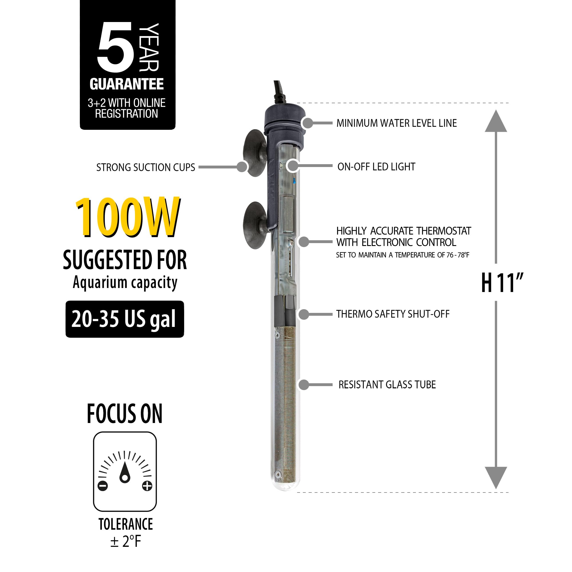 Sicce Scuba Chauffage d'aquarium 100 W préréglé à 25 °C pour jusqu'à 100 litres | Submersible pour eau salée et eau douce marine | Protection contre la marche à sec