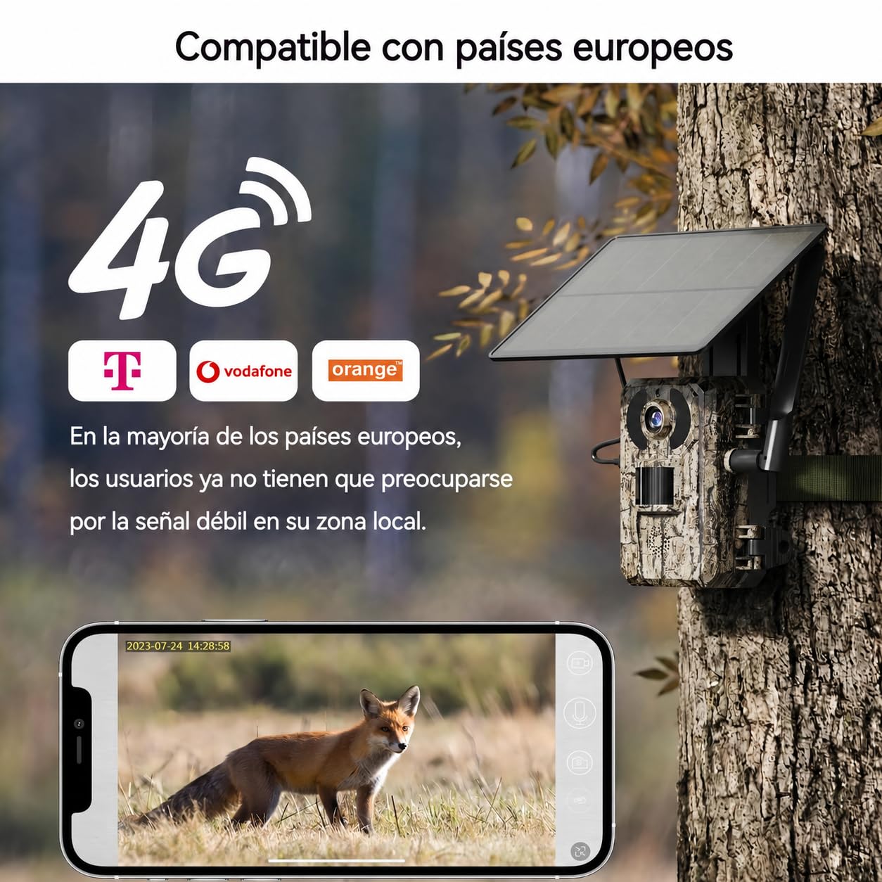 4G LTE Cámara de Caza Solar con Tarjeta SIM, Cámara Fototrampeo sin WiFi, 10400 mAh Batería, Visión Nocturna 950nm Infrarrojos Invisible, Audio de 2 vías, 0,2s Activación, IP66 Impermeable