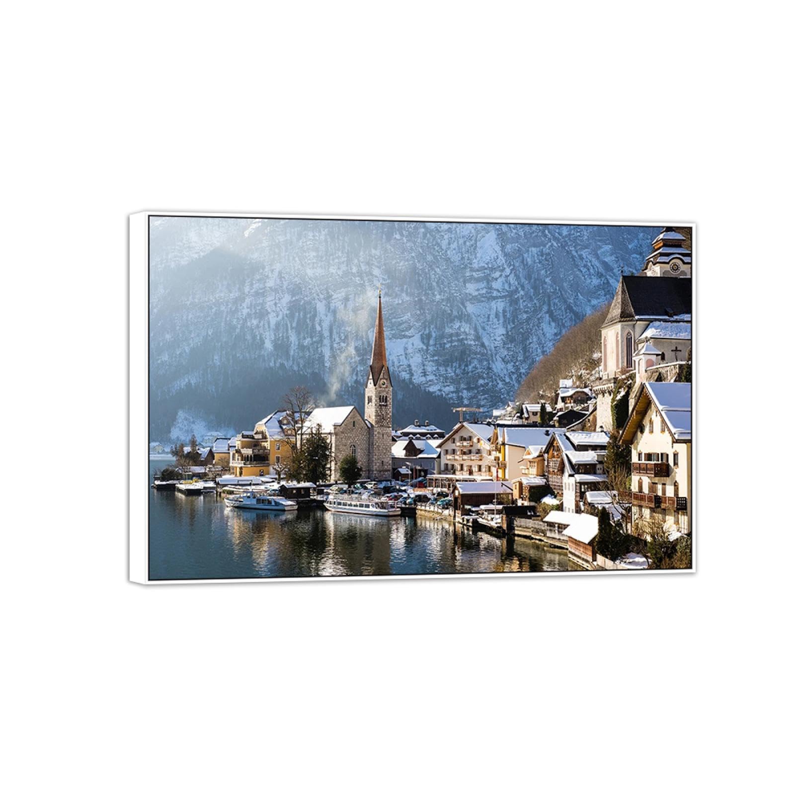 Stadt Leinwandbild Landschaftsbilder-Panorama Bild auf Leinwand-Winter Stadt Gebäude-Weiß Rahmen Wandbilder für Wohnzimmer 50x75cm-19x29in