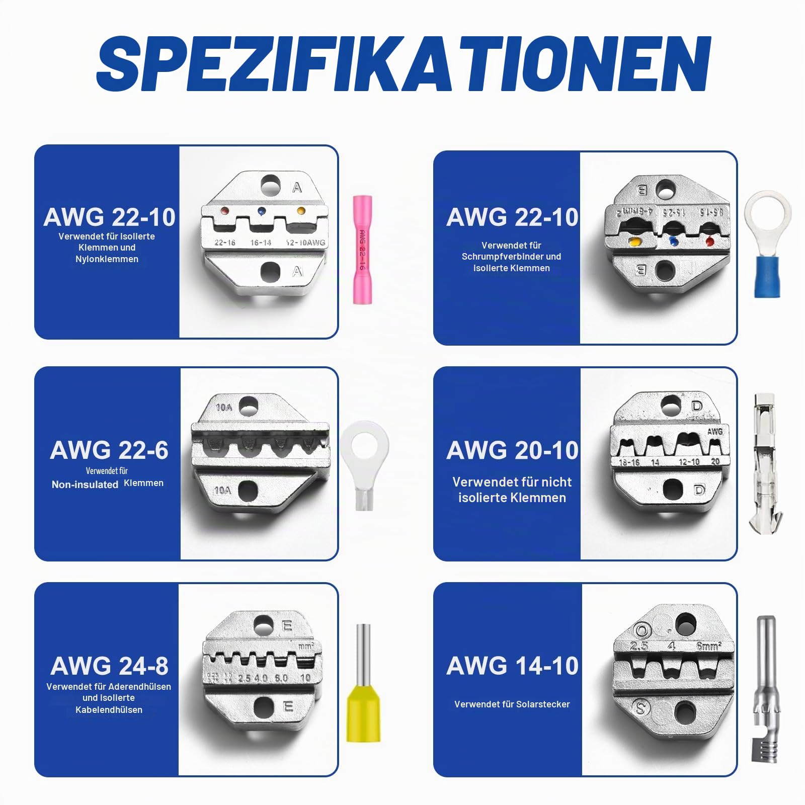Crimpzange Set 6-tlg, Wechselbacken und Ratschen-Krimperzange | Für Schrumpfschläuche, isolierte Nylonkabel, nicht isolierte Kabel, Aderendhülsen, offene Kabelschuhe, Solar/PV Stecker