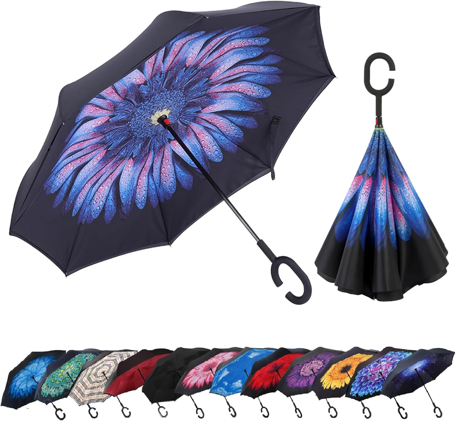 LLanxiry Umbrella,Inverted Reverse Upside Down Umbrellas with C-Shaped Handle, Anti-UV Waterproof Rain Umbrella for Women and Men blue flower