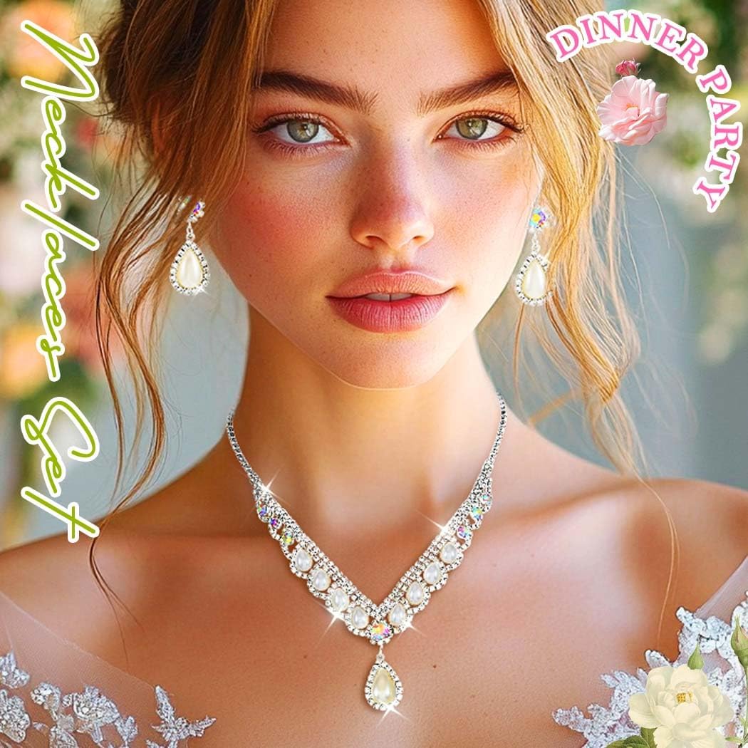 EVILD Pearl Jewelry Set Silver Rhinestone Necklace and Earring Set for Women - Image 2