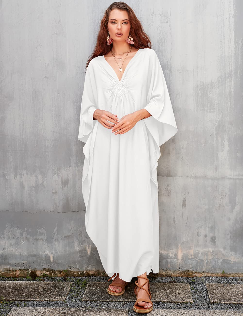Bsubseach Donna Tinta Unita Coprente con Scollo A V Manica A Pipistrello Plus Size Beach Kaftan Abiti