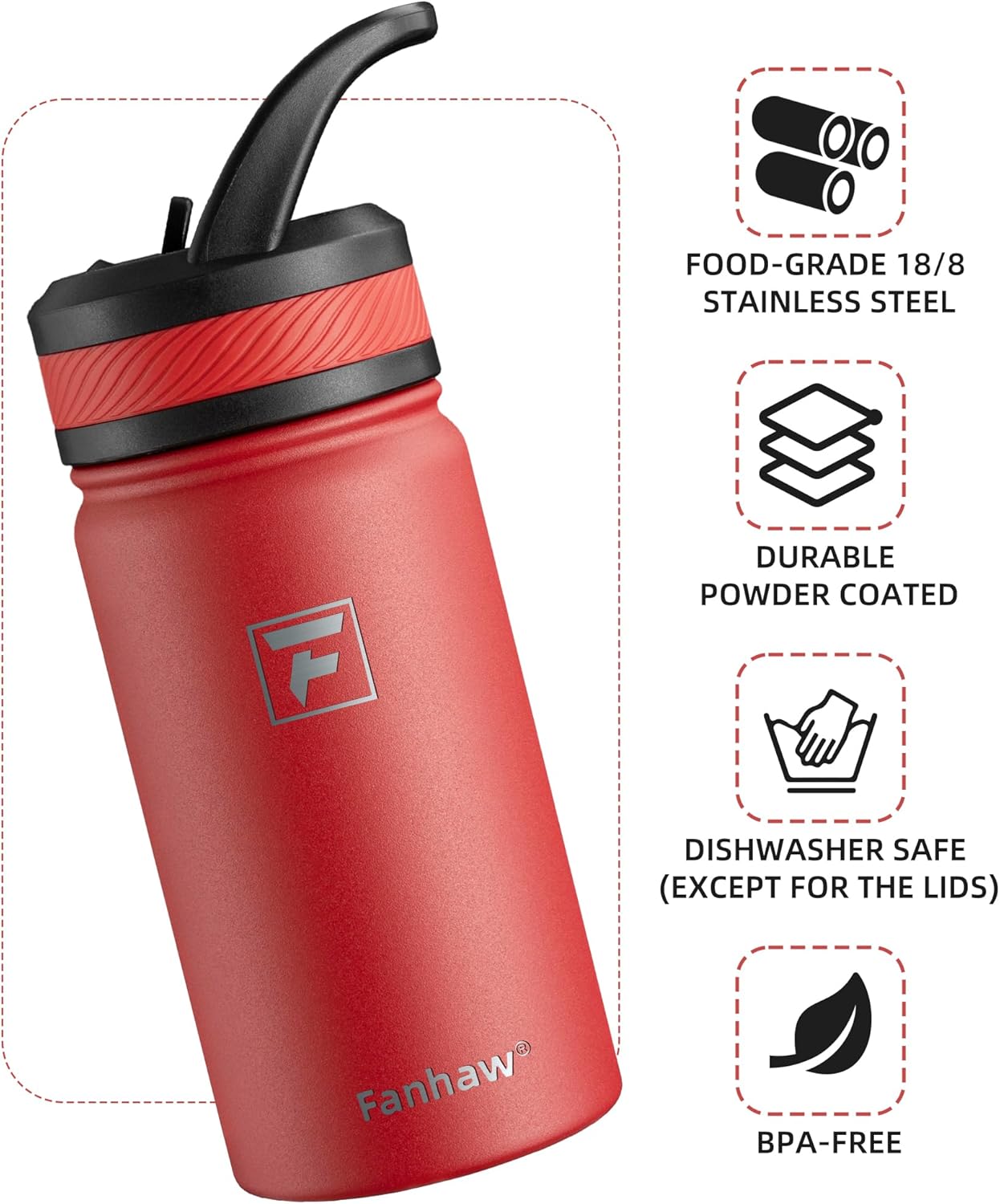 Fanhaw 14 Oz Kids Insulated Water Bottle with Straw Lid – Stainless Steel Double Wall Vacuum, Leak-Proof, BPA-Free Water Bottles for School Boys & Girls(Red) - Image 3
