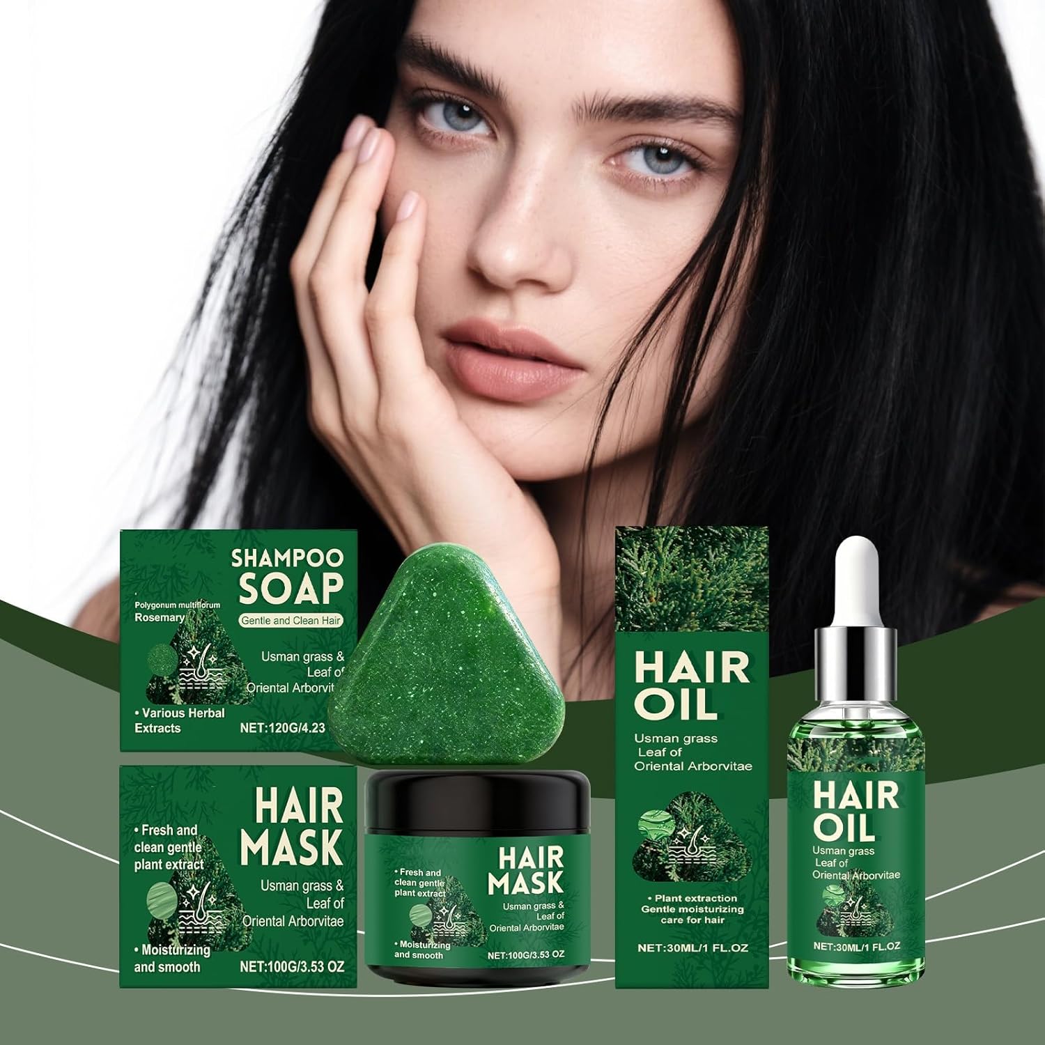 Usman Grass Hair Treatment Hair Care Set, Hair Oil, Shampoo Bar and Hair mask Set - Helps Restore Shine and Hydration, Reducing Thinning Hair Loss with Leaf Of Oriental Arborvitae - Image 2