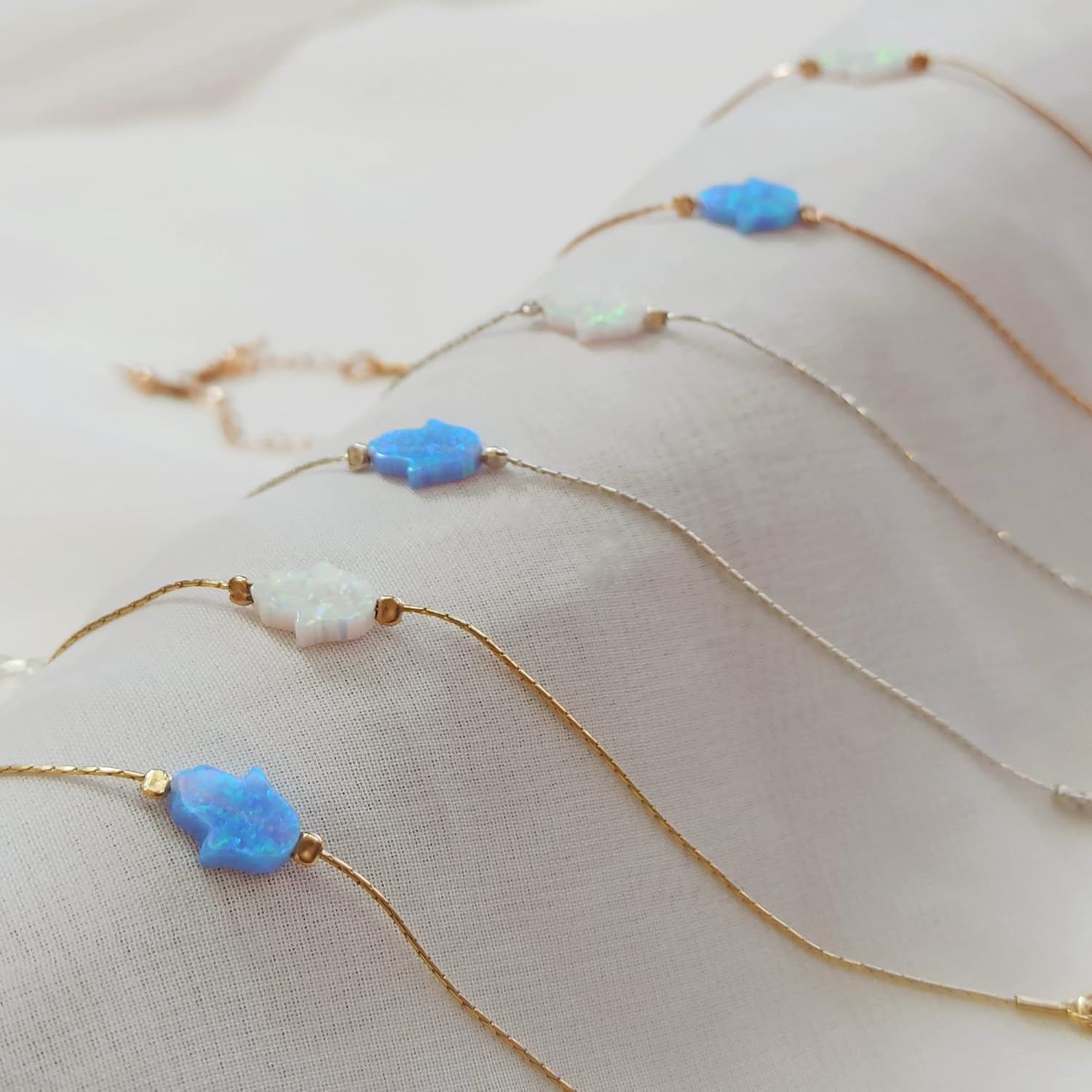 BR32 - Opal Hamsa Bracelet - Handmade Protection Hand Charm Bracelet Length 6.5 + 1 inch extending - Image 8