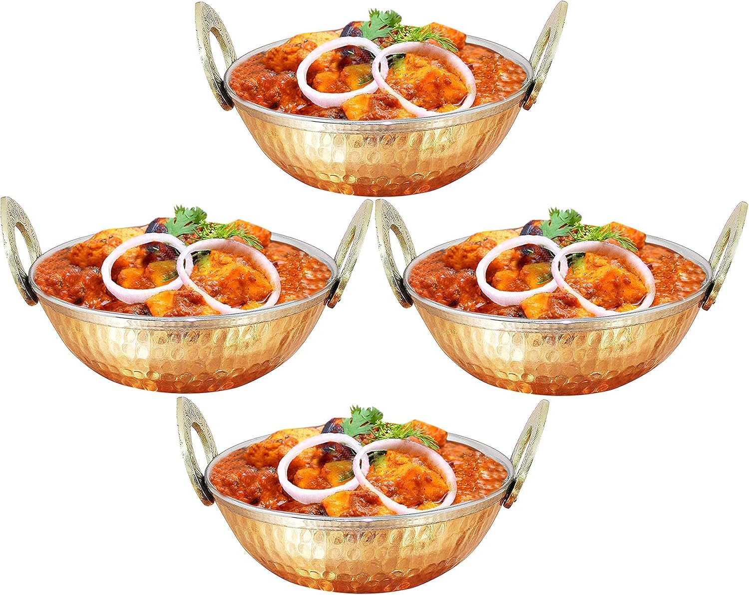 Rastogi Handicrafts Gold Set Of 4, Indian Copper Serveware Karahi Vegetable Dinner Bowl With Handle For Indian Food, Diameter 15 Cm
