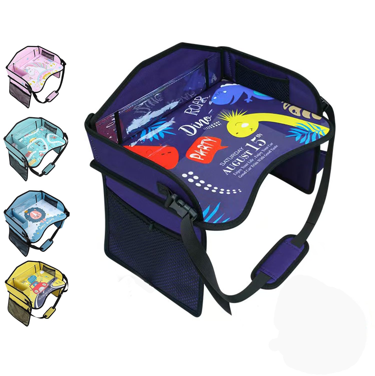 Bandeja de viaje para asiento de coche para niños, mesa de actividades con bolsillos laterales, correa ajustable