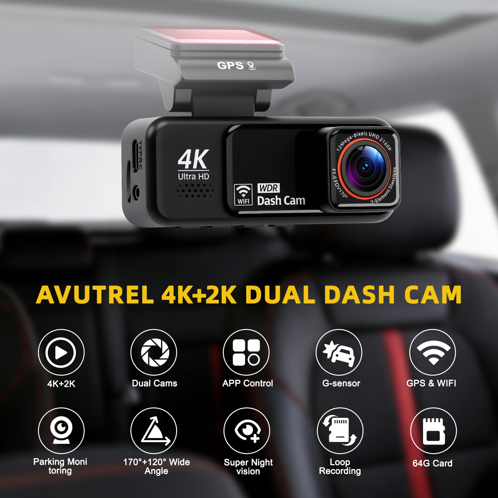 Caméra embarquée, grand angle de 170°, 4K + 2K avant et arrière à l'intérieur, carte 64 Go incluse, contrôle WiFi et application, mode stationnement 24 heures