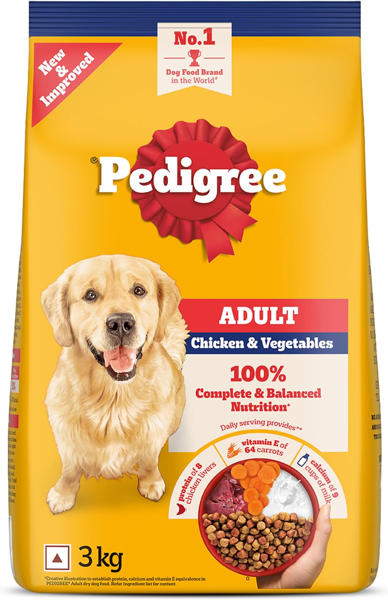 Pedigree Adult Dry Dog Food, Chicken & Vegetables, 3 kg, Contains 37 Essential Nutrients, 100% Complete & Balanced Food for Adult Dogs