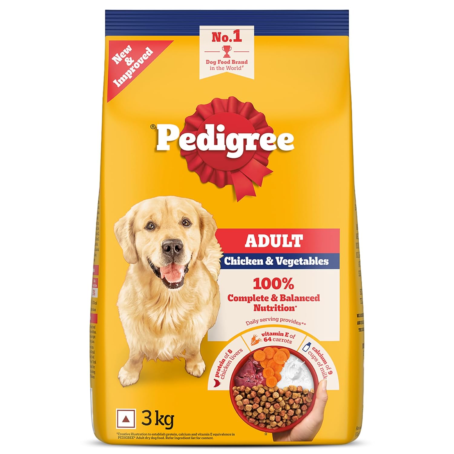 Pedigree Adult Dry Dog Food, Chicken & Vegetables, 3 kg, Contains 37 Essential Nutrients, 100% Complete & Balanced Food for Adult Dogs