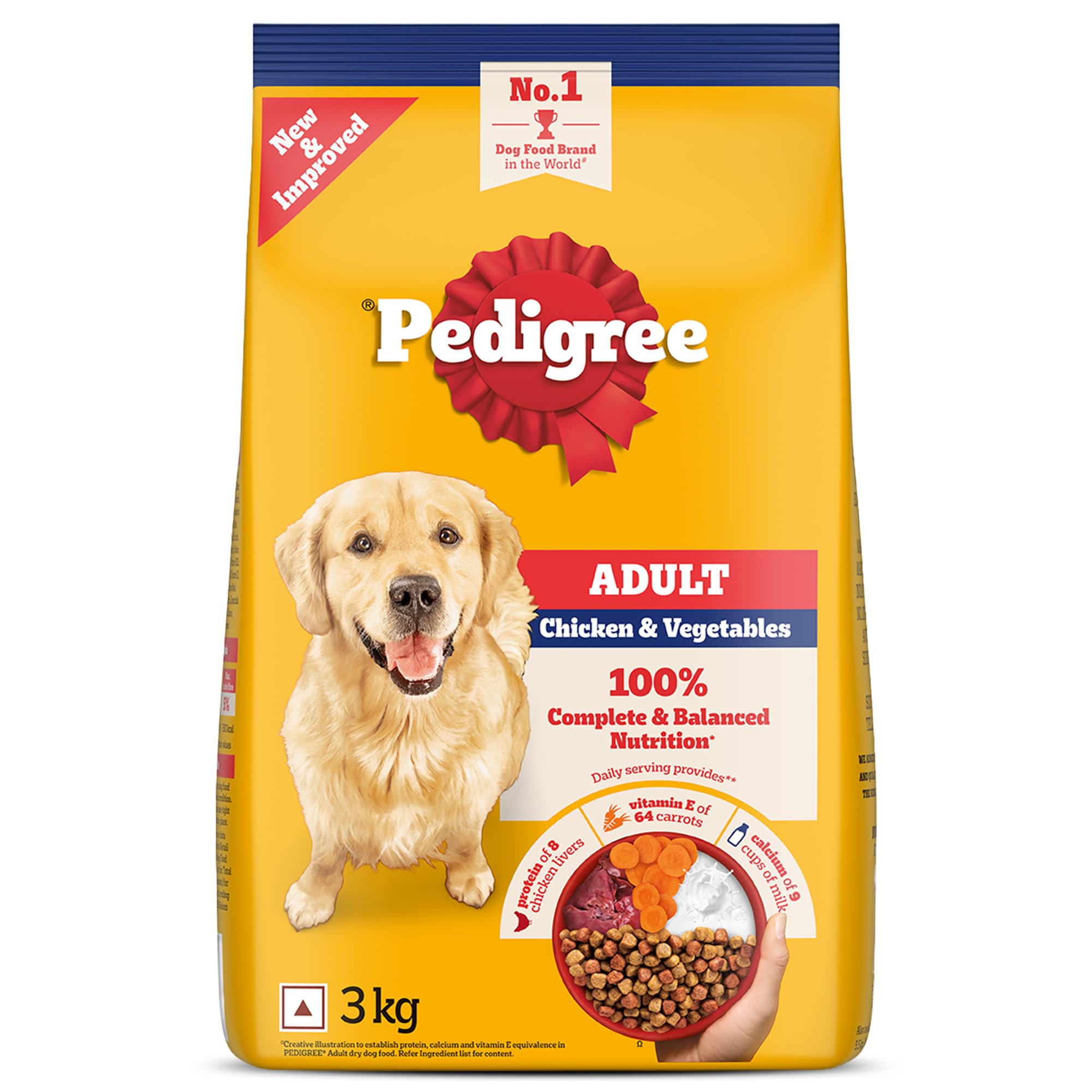 Pedigree Adult Dry Dog Food, Chicken & Vegetables, 3 kg, Contains 37 Essential Nutrients, 100% Complete & Balanced Food for Adult Dogs