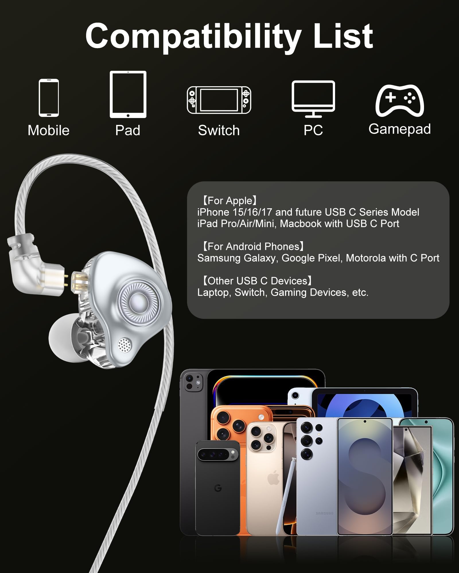 Cuffie USB C cablate per iPhone 17 16 15 Pro Max Plus 16e Air Samsung Buds S26 S25 Ultra S24 Auricolari in-ear con microfono - Cancellazione del rumore Tipo C Auricolari cablati Over-Ear con cavo