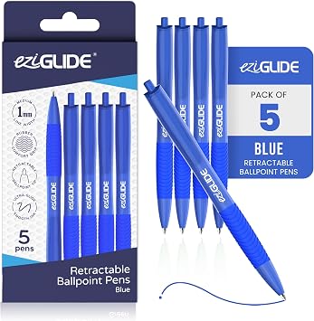Retractable Ballpoint Pens, 5-Pack Blue Pens For Smooth Writing