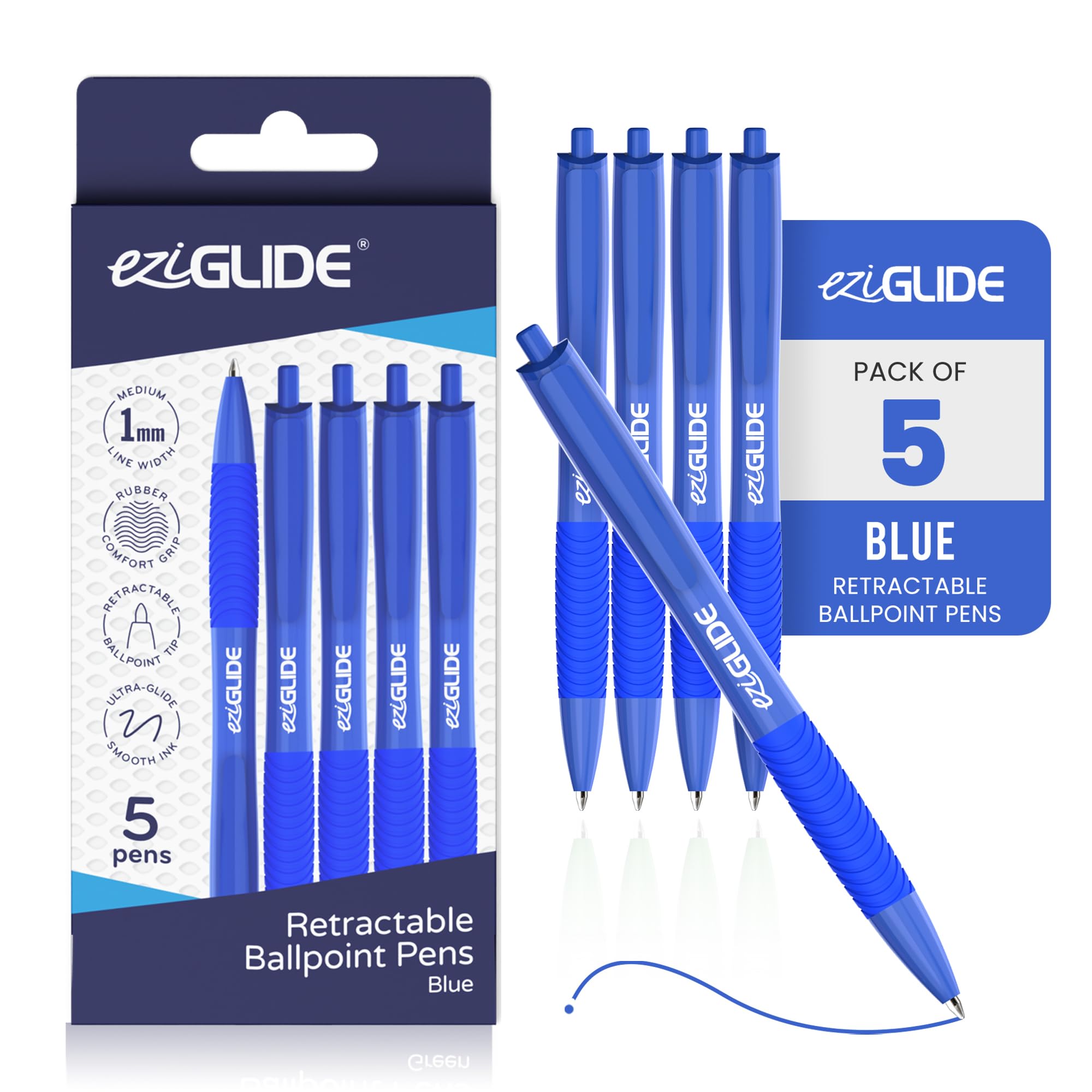 Eziglide Retractable Ballpoint Pens, Pack of 5 Pens Blue Ink, Smooth Writing Ballpoint Pens for Writing, Note-Taking & Everyday Use, Great for Office, School & Home