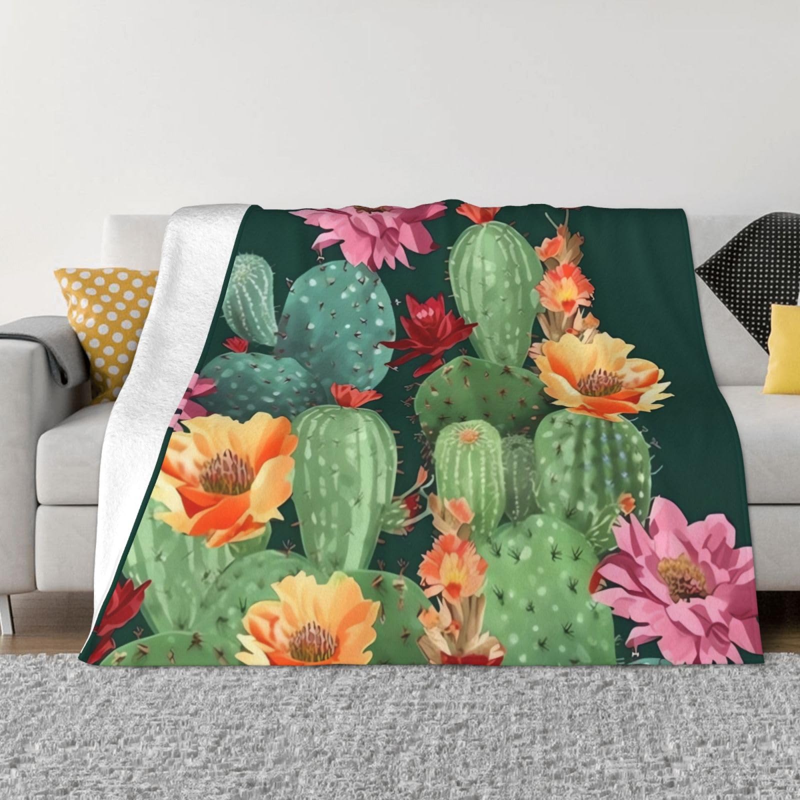 KLOPH Cactus Floral Bloom Throw Blanket 60"x50" Flannel Fluffy Warm Blanket for Couch, Reversible Plush Blankets for Bed, Comfy Fuzzy Blanket for Sofa, Plush Lightweight-Blankets for All Season