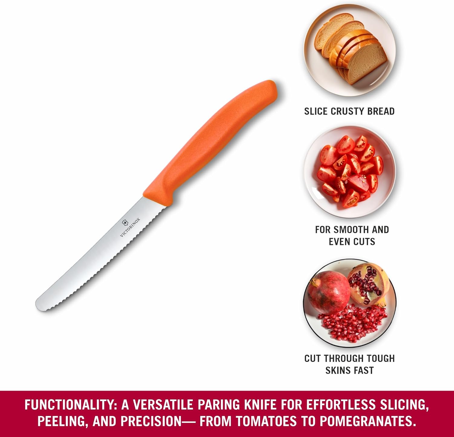 Victorinox Swiss Classic 4 inch Serrated Edge Round Tip Tomato & Table Knife, Stainless Steel, Orange