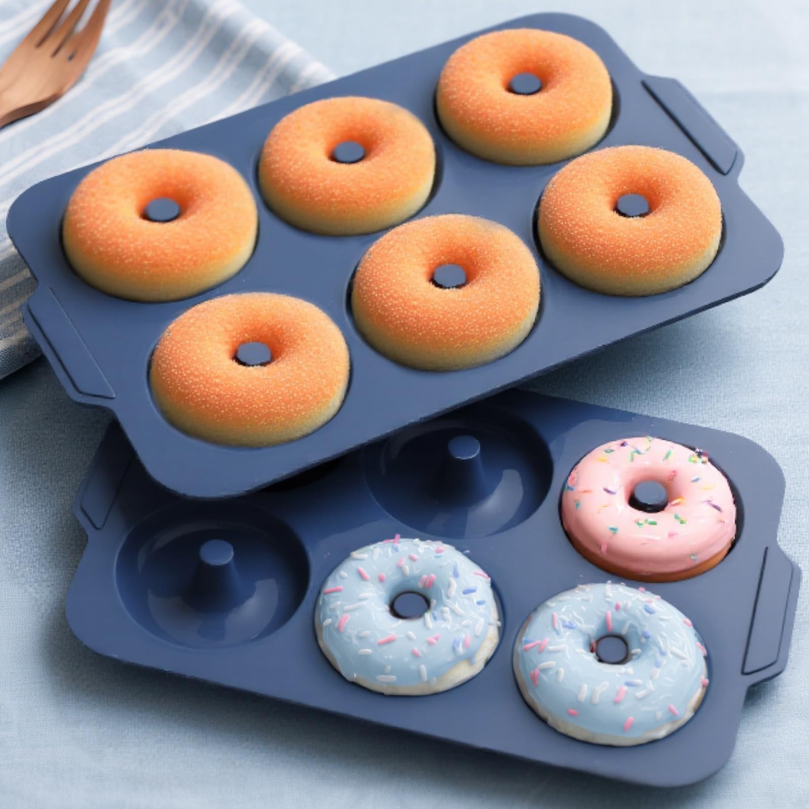 Molde de donas de silicona antiadherente: Sartén para donas de 4 pulgadas con marco de metal - Moldes de silicona para hornear donas de proteína vegana glaseadas sin gluten Bagel - para horno de