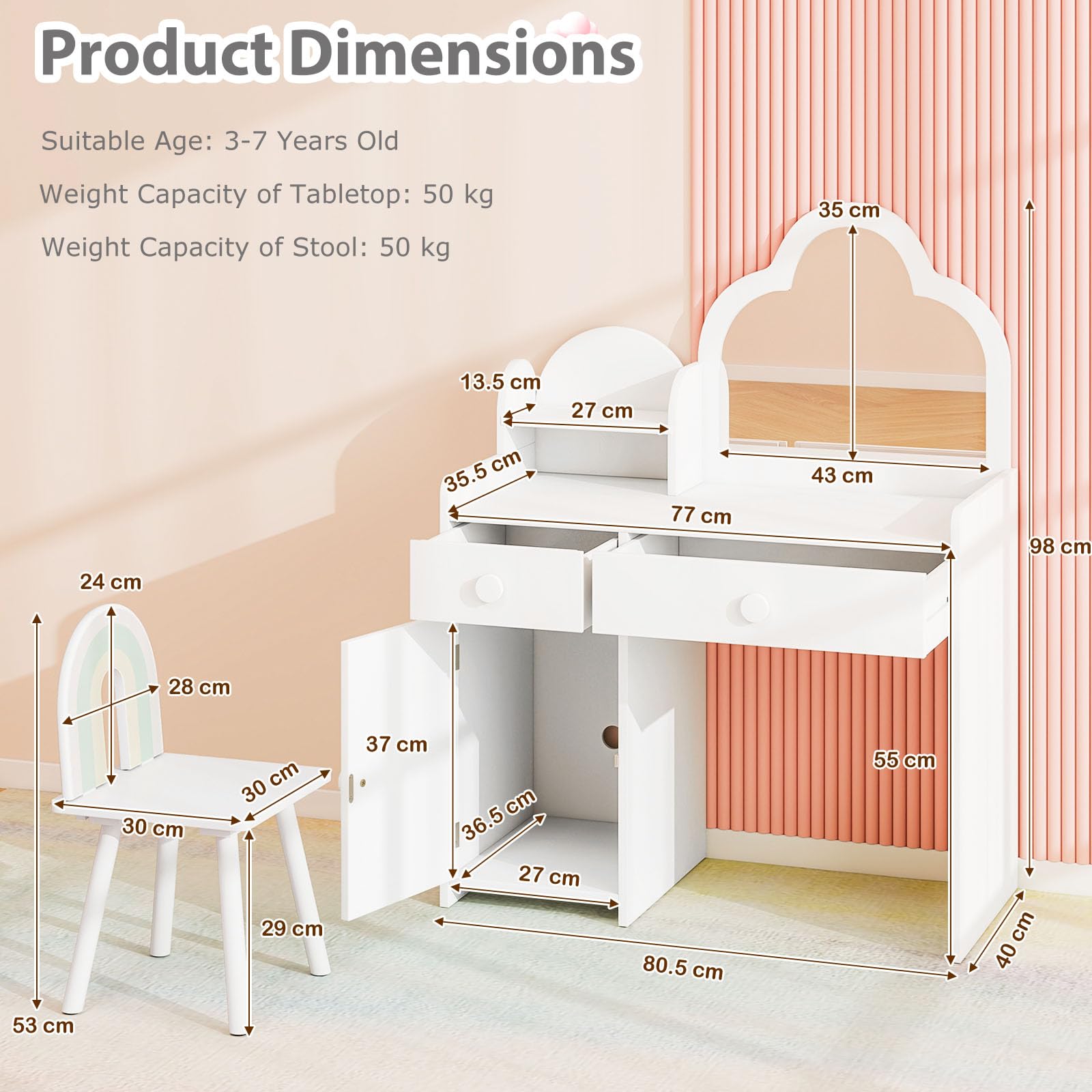 LIFEZEAL 2 en 1 Coiffeuse Enfant Fille avec Chaise & Miroir Amovible, Table de Maquillage avec Tabouret, Casier, 2 Tiroirs, étagère, Bureau en Bois 3-7 Ans, Blanc