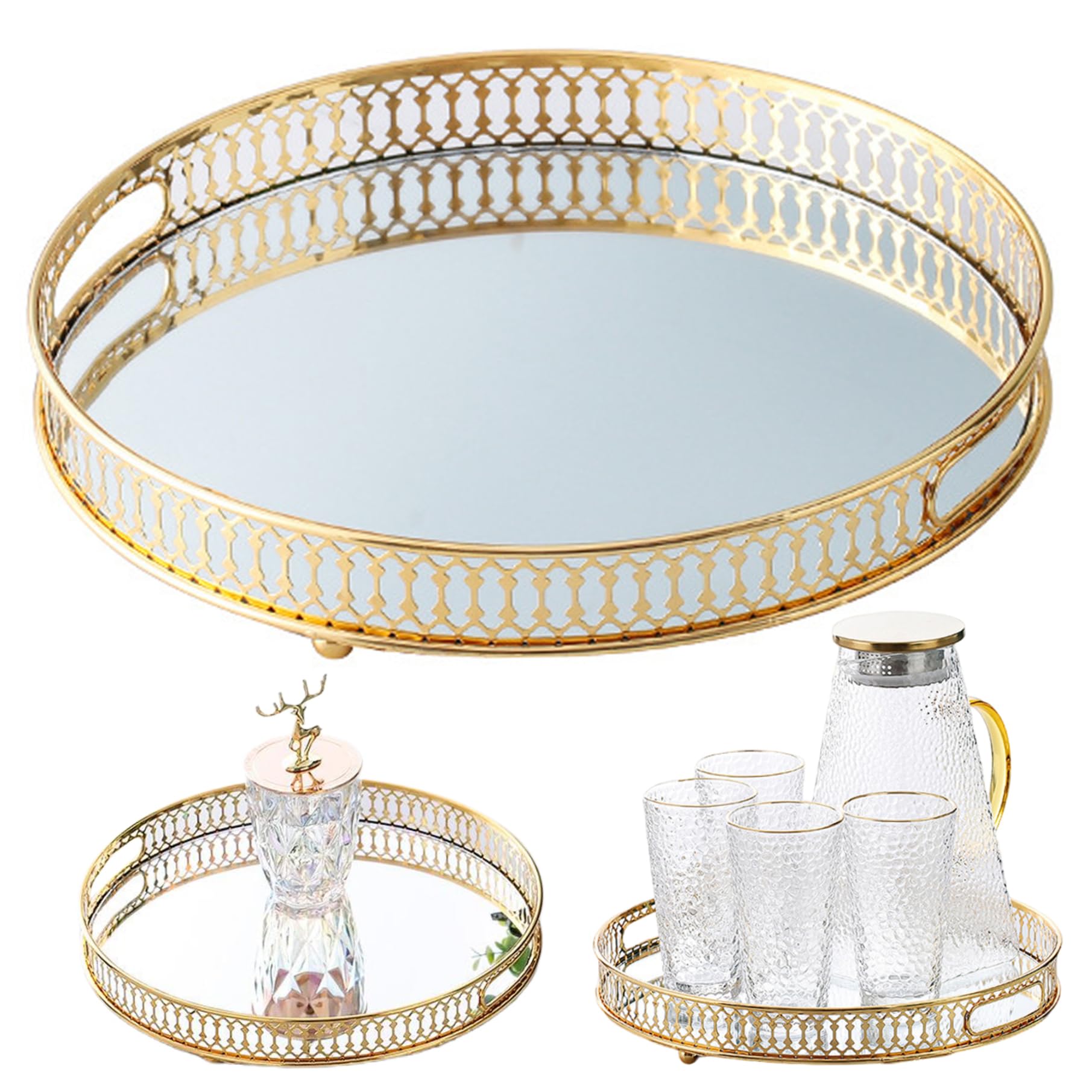 Plateau à miroir rond en métal doré pour sublimer votre coiffeuse de chambre