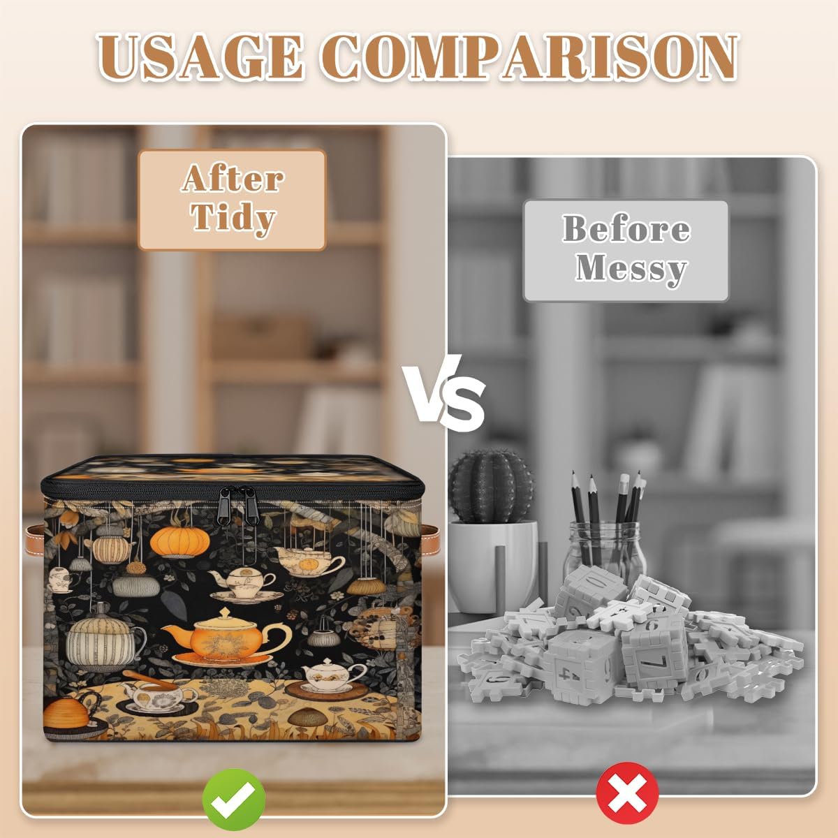 Storage Bin Set of 2 Classical Tea Cup Storage Basket with Zipper Lid & Handle Foldable Closet Shelf 2 Pack Cloth Organizer Basket Cube Bins Clothes Organizer for Bedroom, Nursery