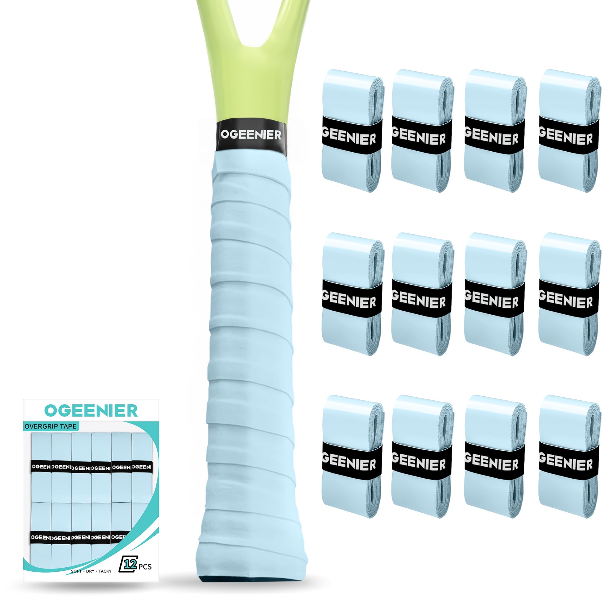 Ogeenier Tennis Racket Grip Tape, 12 Pack, Absorbent and Anti-Slip Badminton Squash Racket Grip, Precut Soft Racquet Padel Overgrip Tape