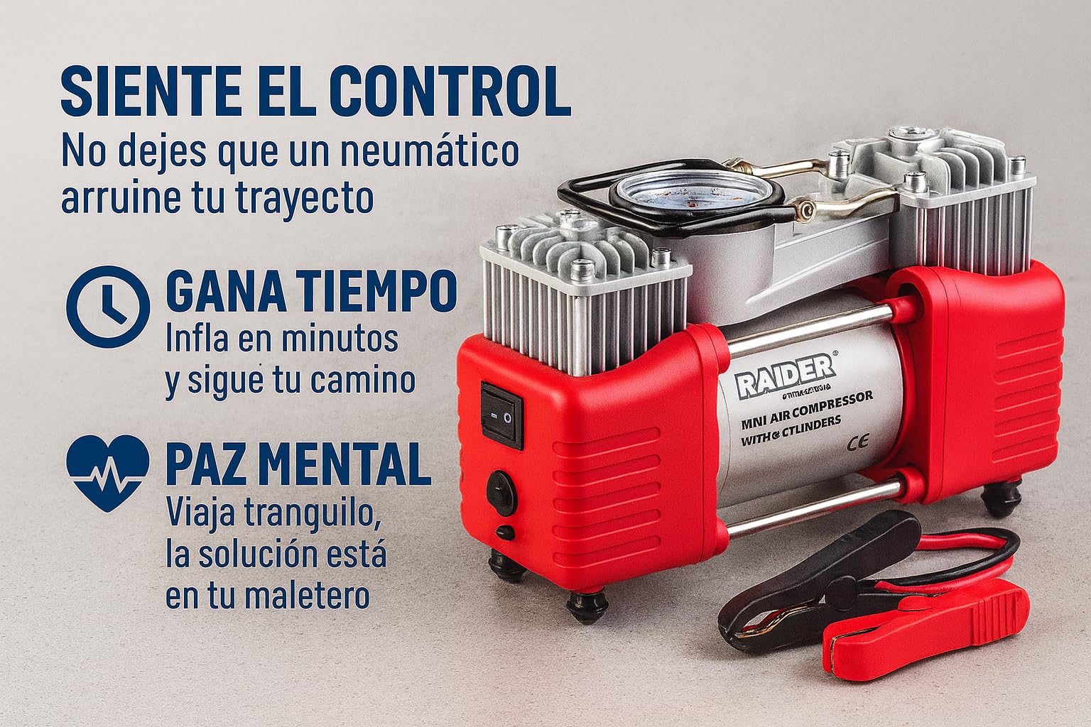 Compresor de Aire Portátil 12V 300W – 70L/min Doble Pistón con Manómetro, Conexión Mechero y Pinzas de Batería, Incluye Estuche con Accesorios – Para Coche, Moto y Furgoneta