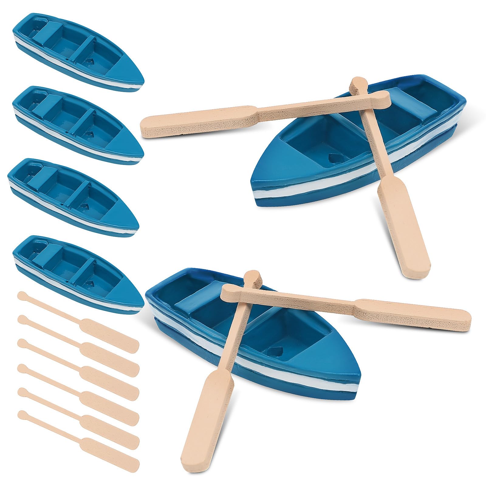 WRITWAA Mini Boat Model Set 6 Pcs Blue Row Boat with Oars