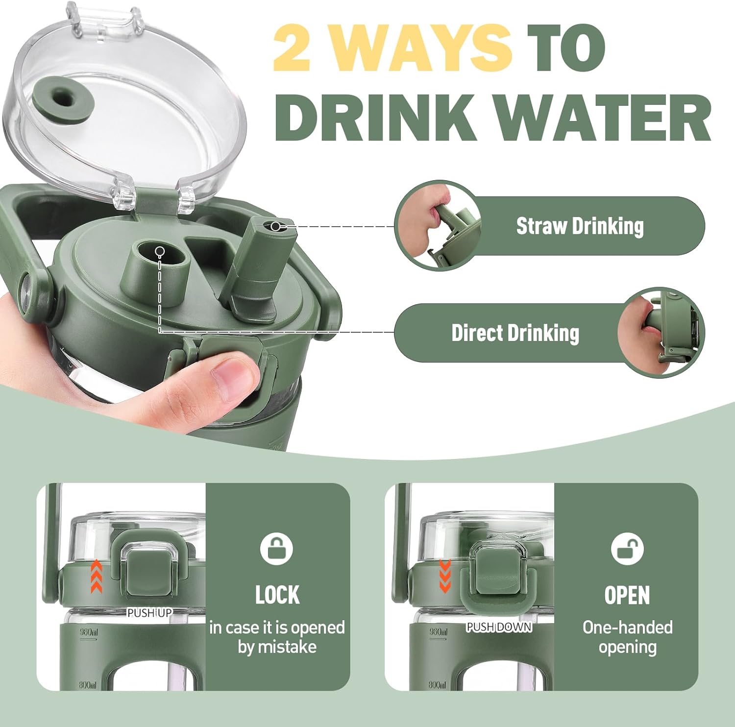 BLUEGO 40 oz Glass Water Bottles with Straw Time Marker, Glass Tumbler with Handle Top Lids, Easy to Clean, Fits in Car Cup Holder, Leakproof Jug for Gym, Sports, Workout & Daily, 02 Olive - Image 4