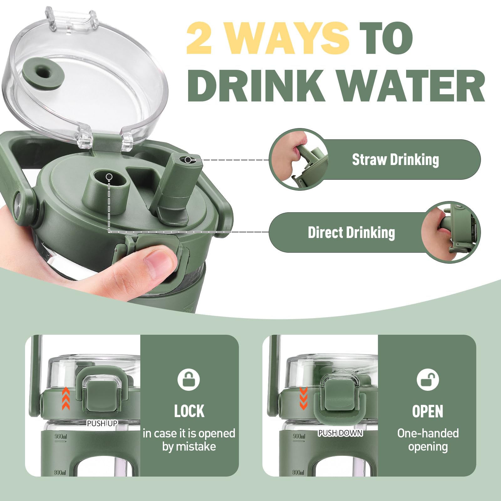 BLUEGO 960ml Bottiglie d'acqua in vetro con cannuccia e indicatore del tempo Bottiglia d'acqua sportiva grande con custodia in silicone 0,96 litri Brocca d'acqua in vetro per palestra, Oliva 00,96