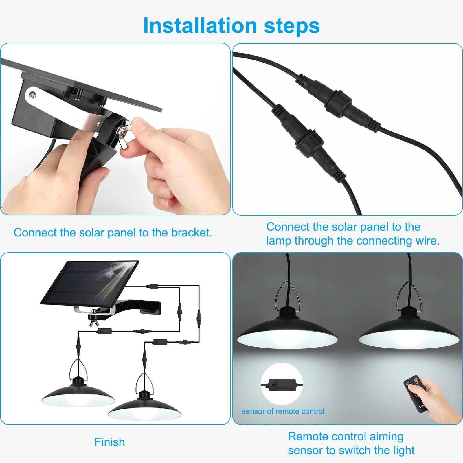 ENCOFT Lámparas solares para interior y exterior, lámpara colgante solar IP65, impermeable, para jardín, camping, con cable 3M con mando a distancia (2 luces, luz fría)